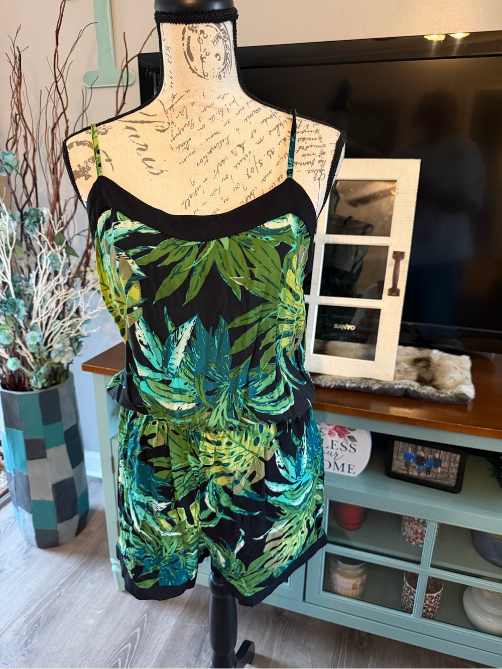 Cato Black Tropical Leaf Romper with Green & Teal Print Small